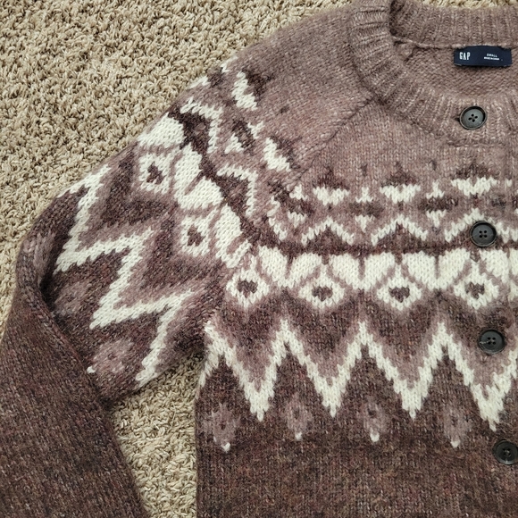 Gap Sweater Cardigan Fair Isle Brown Taupe Beige Ivory Crew Neck Size Small - Picture 2 of 5